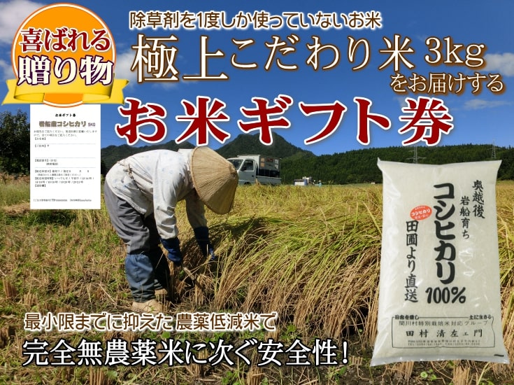 お米ギフト券で届ける新潟岩船産コシヒカリ【極上】こだわり米 3kg